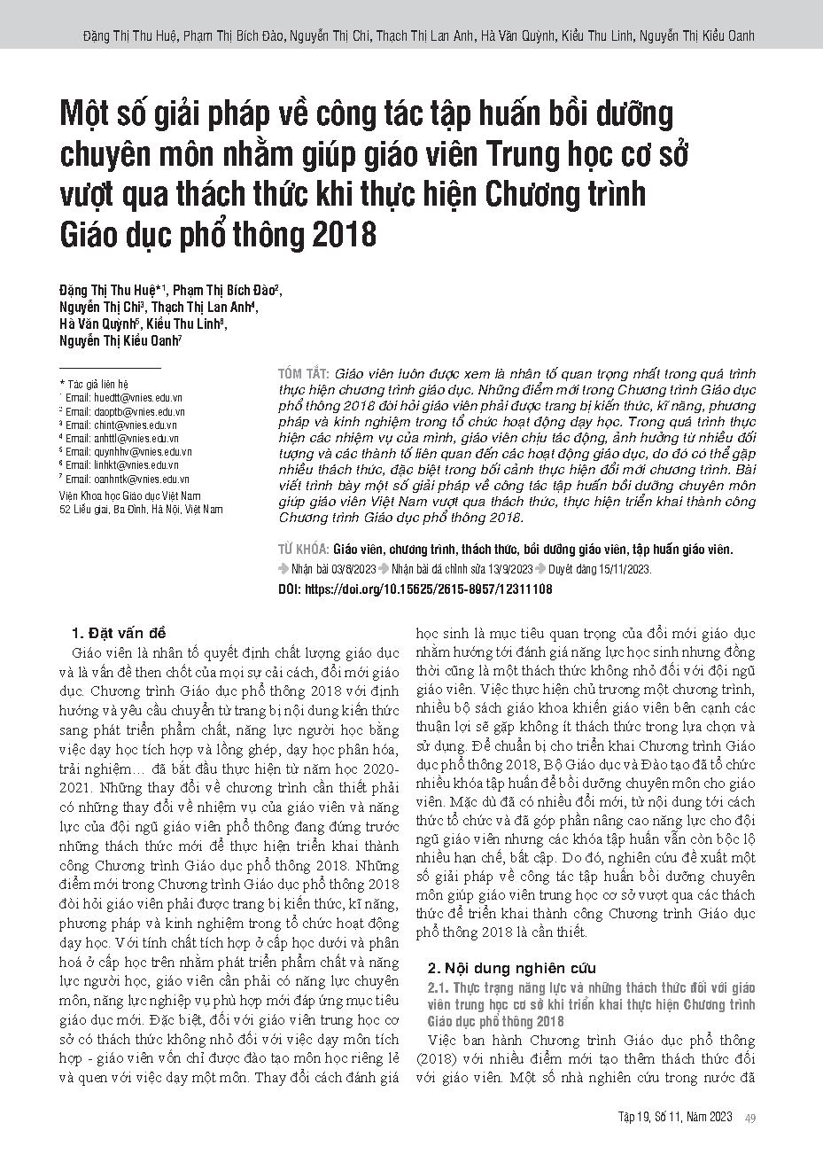 Một số giải pháp về công tác tập huấn bồi dưỡng chuyên môn nhằm giúp giáo viên Trung học cơ sở vượt qua thách thức khi thực hiện Chương trình Giáo dục phổ thông 2018 = Several strategies for professional training aimed at assisting middle school teachers 
