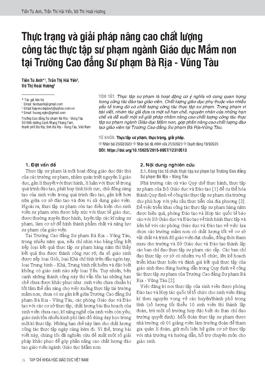 Thực trạng và giải pháp nâng cao chất lượng công tác thực tập sư phạm ngành Giáo dục Mầm non tại Trường Cao đẳng Sư phạm Bà Rịa - Vũng Tàu = Reality and solutions for improving the quality of pedagogical internships in early childhood education at ba ria 