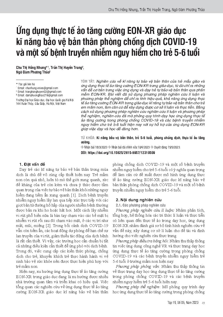 Ứng dụng thực tế ảo tăng cường EON-XR giáo dục kĩ năng bảo vệ bản thân phòng chống dịch COVID-19 và một số bệnh truyền nhiễm nguy hiểm cho trẻ 5-6 tuổi = The application of eon-xr augmented reality in educating self-protection skills against covid-19 and 