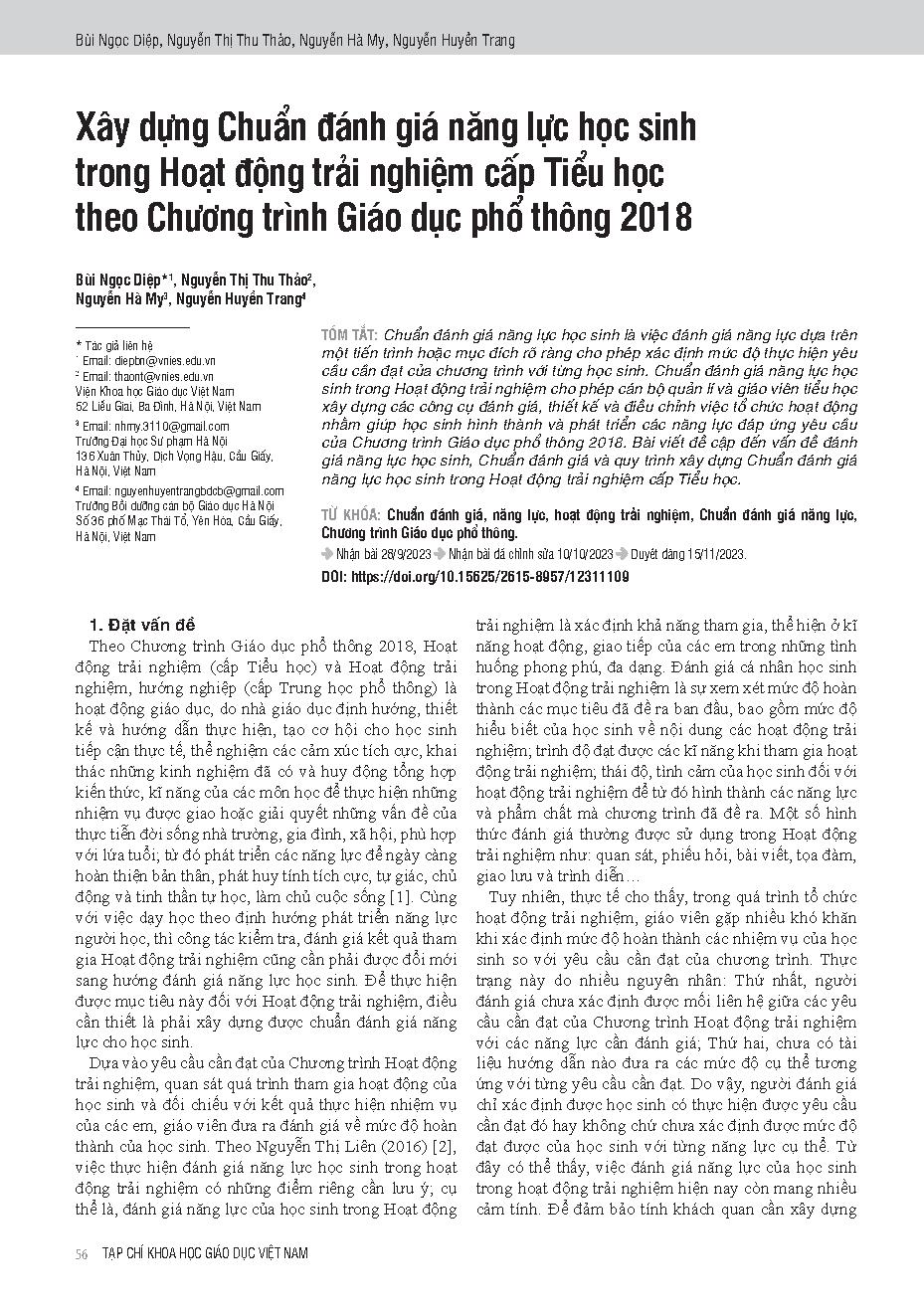 Xây dựng Chuẩn đánh giá năng lực học sinh trong Hoạt động trải nghiệm cấp Tiểu học theo Chương trình Giáo dục phổ thông 2018 = Developing competence assessment standards of elementary school students in experience activities toward the 2018 general educat