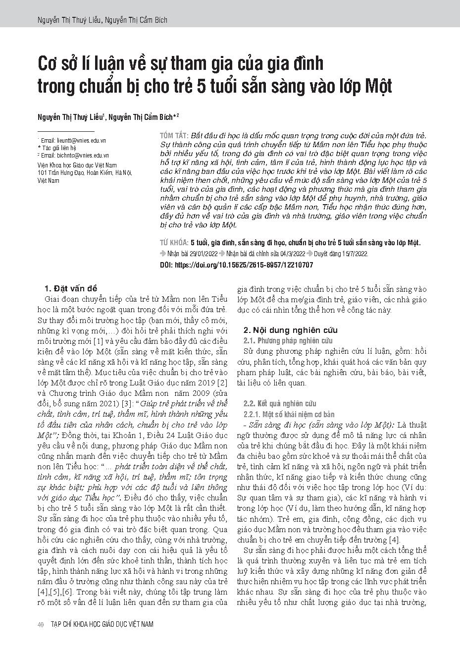 Cơ sở lí luận về sự tham gia của gia đình trong chuẩn bị cho trẻ 5 tuổi sẵn sàng vào lớp Một = Theoretical foundations of family involvement in preparing 5-year-olds for first grade