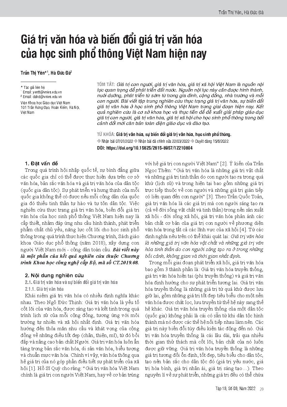 Giá trị văn hóa và biến đổi giá trị văn hóa của học sinh phổ thông Việt Nam hiện nay = Cultural values and its change in vietnamese high school students in the current period