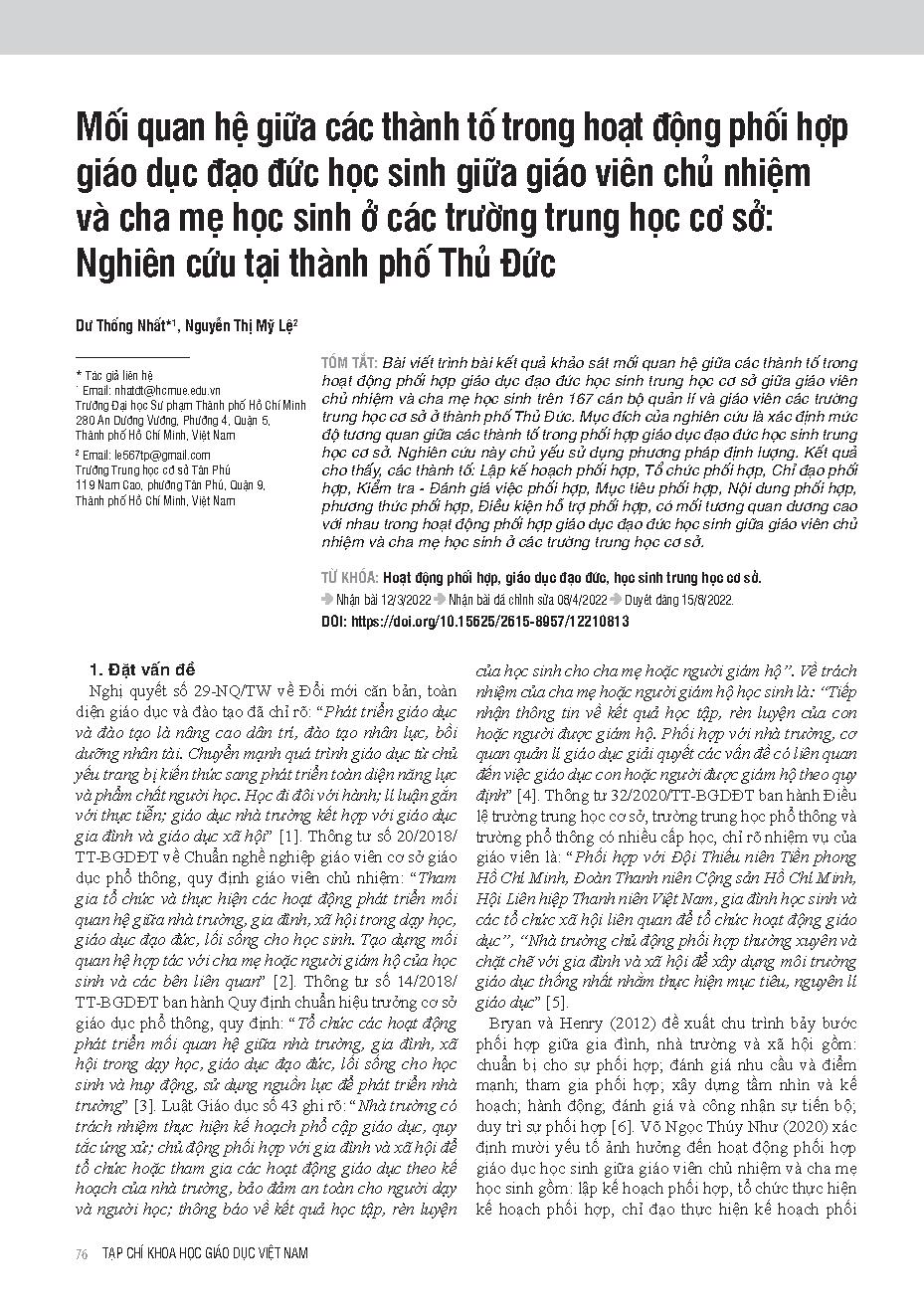 Mối quan hệ giữa các thành tố trong hoạt động phối hợp giáo dục đạo đức học sinh giữa giáo viên chủ nhiệm và cha mẹ học sinh ở các trường trung học cơ sở: Nghiên cứu tại thành phố Thủ Đức = The relationship between elements in the collaborative acti
