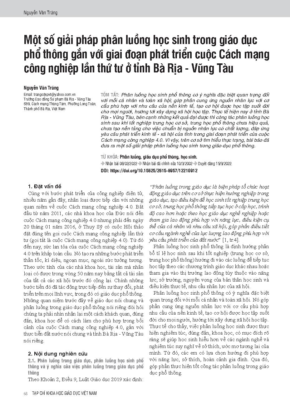 Một số giải pháp phân luồng học sinh trong giáo dục phổ thông gắn với giai đoạn phát triển cuộc Cách mạng công nghiệp lần thứ tư ở tỉnh Bà Rịa - Vũng Tàu = Some solutions for streaming students in general education in the development stage of the fourth i