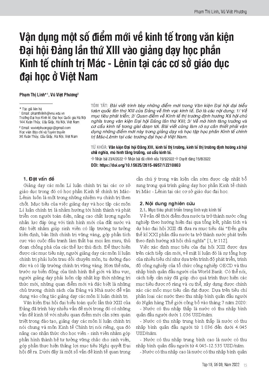 Vận dụng một số điểm mới về kinh tế trong văn kiện Đại hội Đảng lần thứ XIII vào giảng dạy học phần Kinh tế chính trị Mác - Lênin tại các cơ sở giáo dục đại học ở Việt Nam = Applying some new points on economy in the document of the 13th national party co