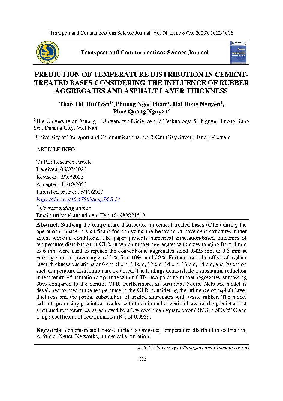 Dự báo phân bố nhiệt độ lớp móng cấp phối đá dăm gia cố xi măng có xét đến ảnh hưởng của cốt liệu cao su và chiều dày tầng mặt bê tông nhựa = Prediction of temperature distribution in cement-treated bases considering the influence of rubber aggregates and