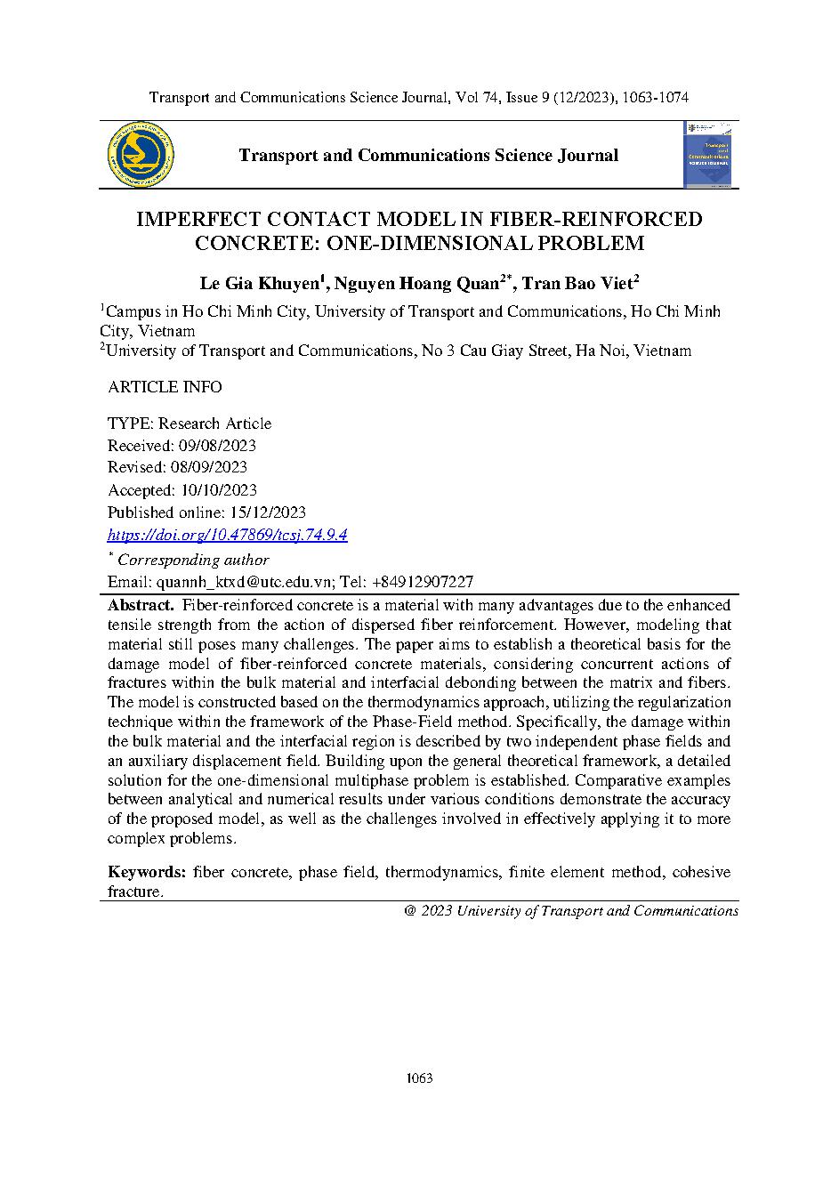 Mô hình mặt tiếp xúc không hoàn hảo trong bê tông cốt sợi: bài toán một chiều = Imperfect contact model in fiber-reinforced concrete: one-dimensional problem
