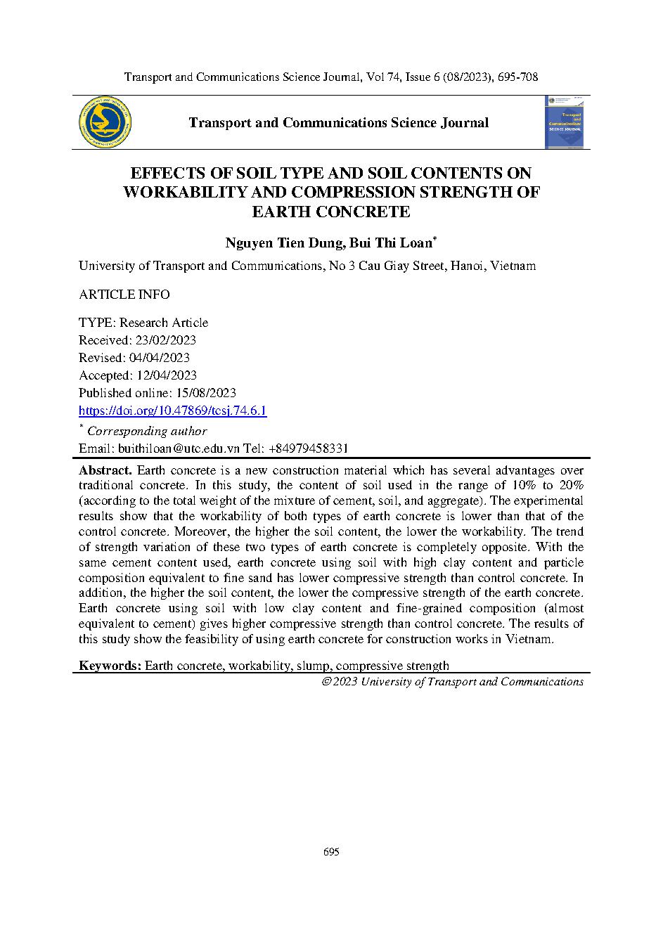 Nghiên cứu ảnh hưởng của loại đất và hàm lượng đất đến tính công tác và cường độ chịu nén của bê tông đất = Research the influence of soil type and soil content on the workability and compressive strength of soil concrete