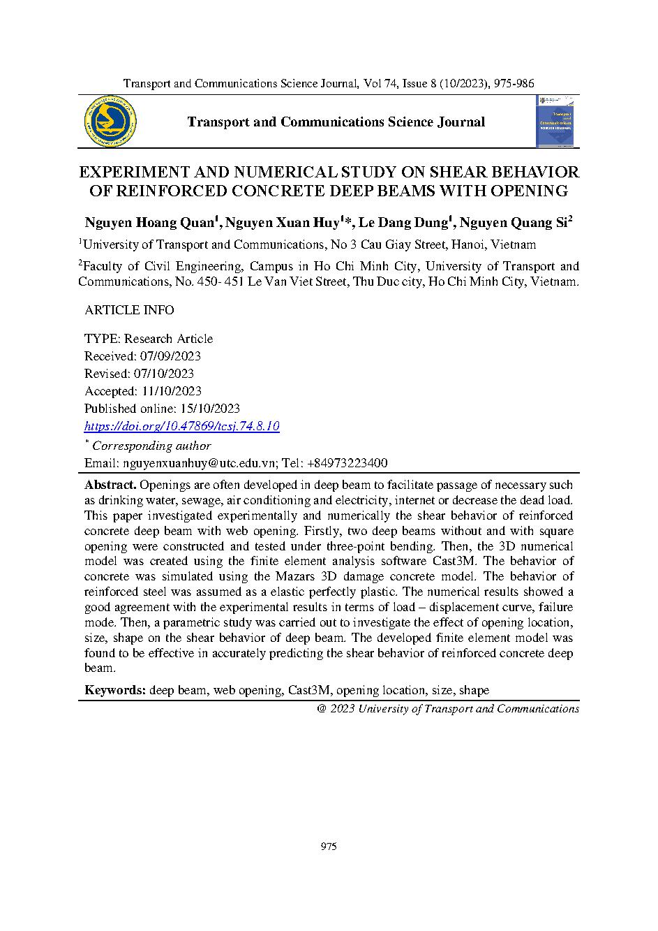 Nghiên cứu thực nghiệm và mô phỏng ứng xửchịu cắt của dầm cao bê tông cốt thép có lỗmở = Experiment and numerical study on shear behavior of reinforced concrete deep beams with opening