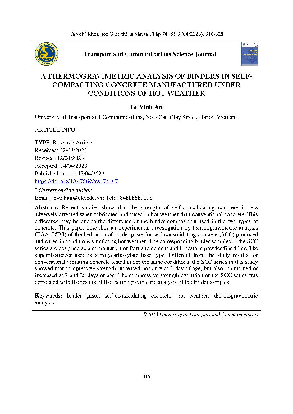 Phân tích nhiệt trọng lượng của chất kết dính trong bê tông tự đầm được chế tạo trong điều kiện thời tiết nóng = A thermogravimetric analysis of binders in self- compacting concrete manufactured under conditions of hot weather
