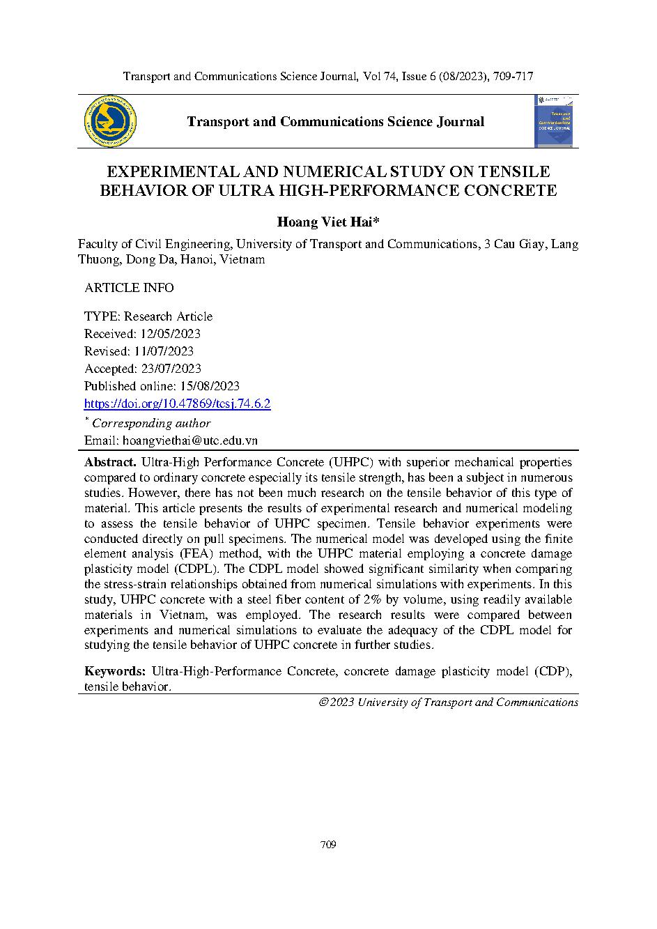 Thực nghiệm và mô phỏng ứng xử chịu kéo của bê tông siêu tính năng = Experimental and numerical study on tensile behavior of ultra high-performance concrete