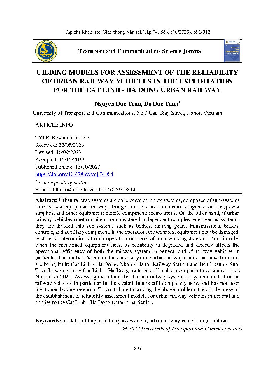 Xây dựng mô hình đánh giá độ tin cậy của phương tiện đường sắt đô thị tuyến Cát Linh -Hà Đông trong quá trình khai thác = Building models for assessment of the reliability of urban railway vehicles in the exploitation for the Cat Linh -Ha Dong urban ra