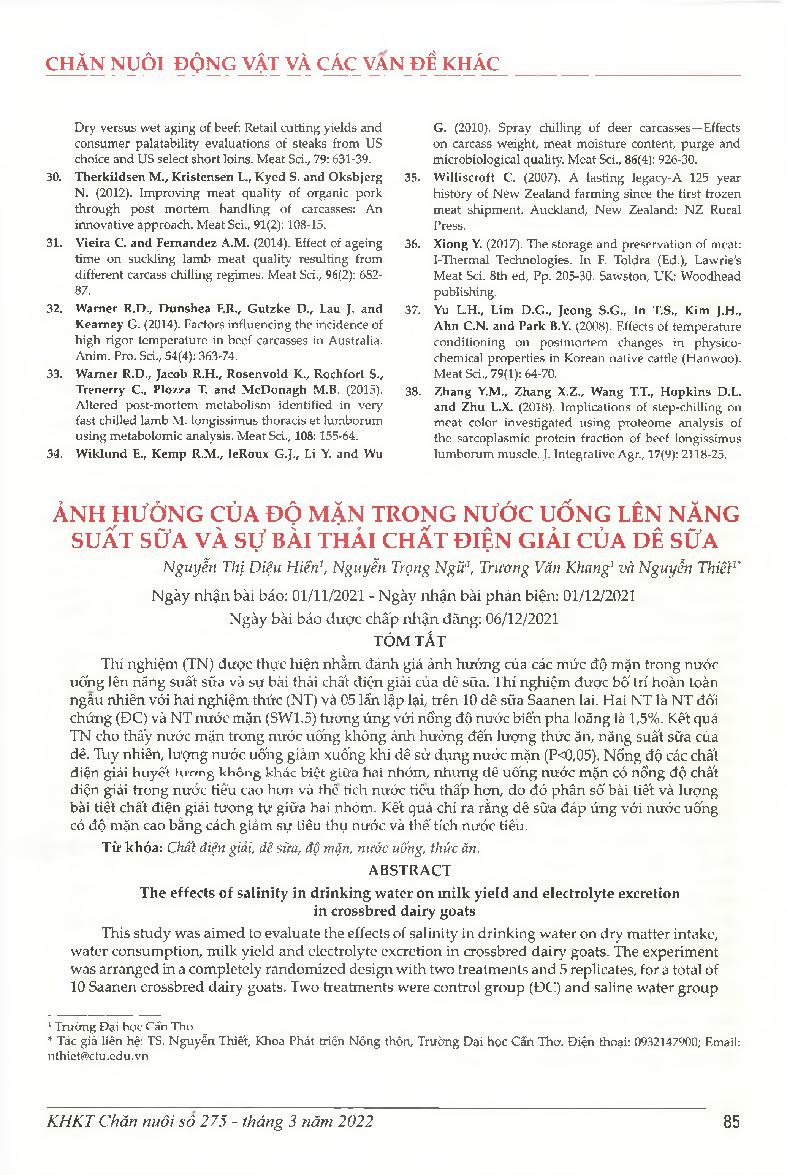 Ảnh hưởng của độ mặn trong nước uống lên năng suất sữa và sự bài thải chất điện giải của dê sữa = The effects of salinity in drinking water on milk yield and electrolyte excretion in crossbred dairy goats
