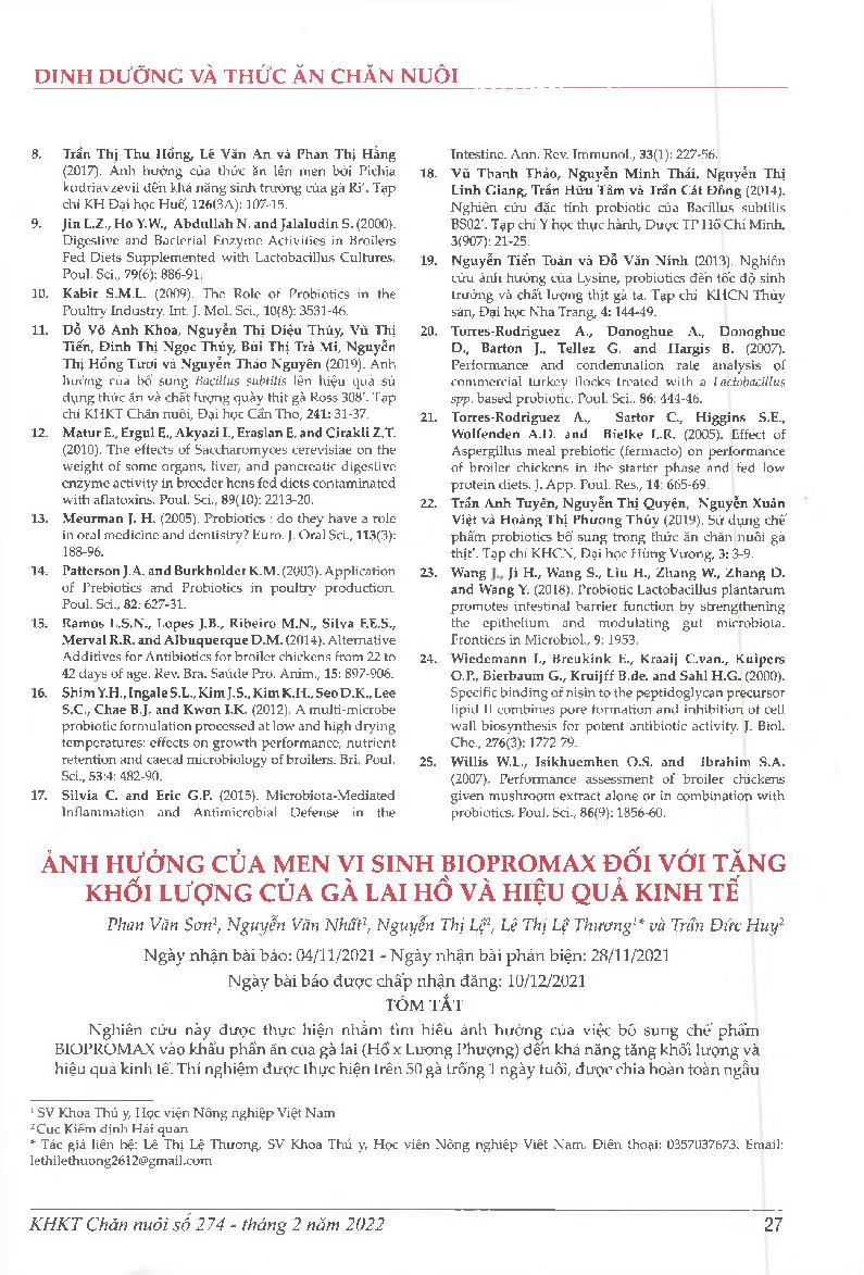 Ảnh hưởng của men vi sinh BIOPROMAX đối với tăng khối lượng của gà lai Hồ và hiệu quả kinh tế = Effect of BIOPROMAX supplementation of growth rate of (Ho X Luong Phuong) crossbred broilers and economic efficiency