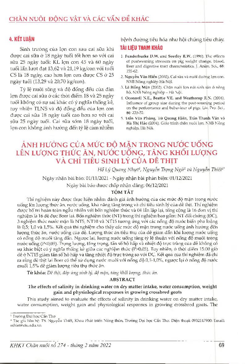 Ảnh hưởng của mức độ mặn trong nước uống lên lượng thức ăn, nước uống, tăng khối lượng và chỉ tiêu sinh lý của dê thịt = The effects of salinity in drinking water on dry matter intake, water consumption, weight gain and physiological responses in growing 
