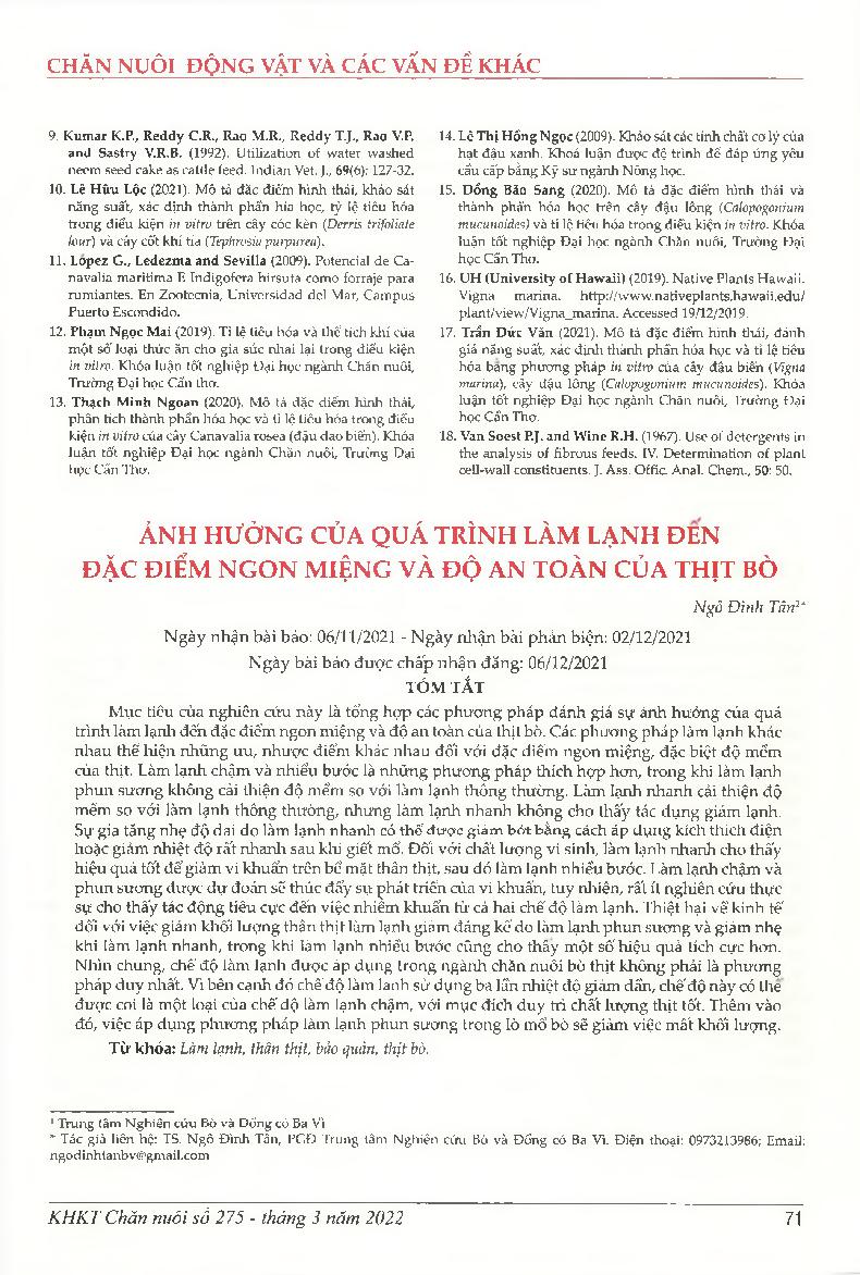 Ảnh hưởng của quá trình làm lạnh đến đặc điểm ngon miệng và độ an toàn của thịt bò = Effect of cooling methods on palatability and safety feature
