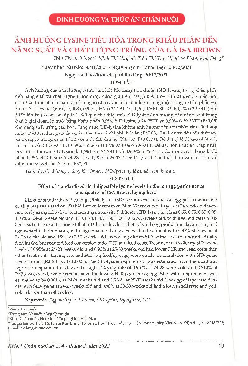 Ảnh hưởng lysine tiêu hóa trong khẩu phần đến năng suất và chất lượng trứng của gà ISA Brown = Effect of standardised ileal digestible lysine levels in diet on egg performance and quality of ISA Brown laying hens