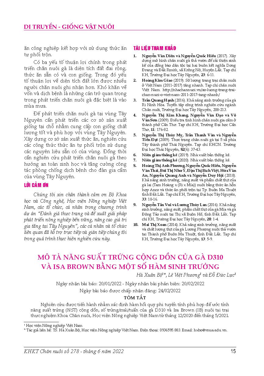 Mô tả năng suất trứng cộng dồn của gà D310 và ISA Brown bằng một số hàm sinh trưởng = Modelling cumulative egg production curves of D310 and Isa Brown hens using classical growth functions