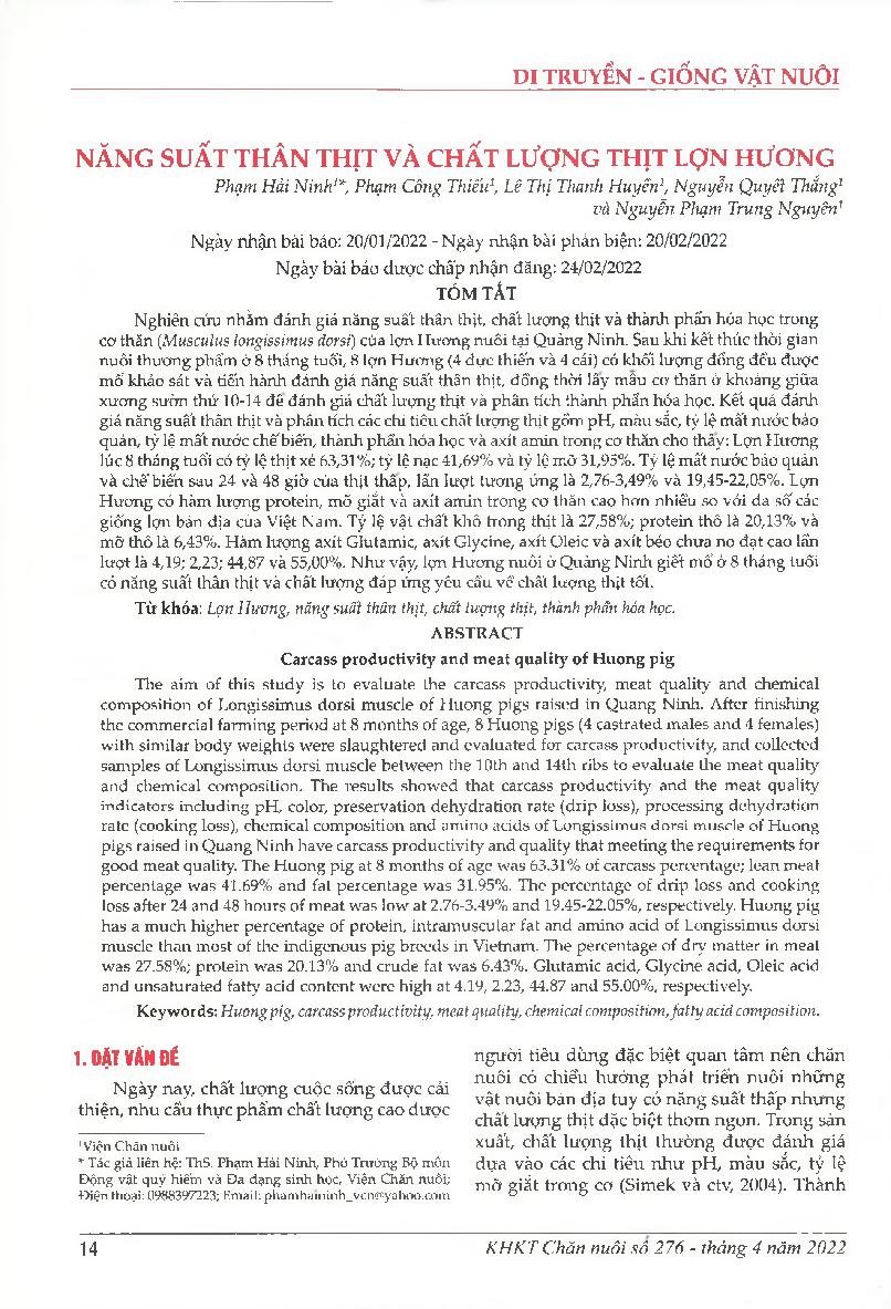 Năng suất thân thịt và chất lượng thịt lợn Hương = Carcass productivity and meat quality of Huong pig