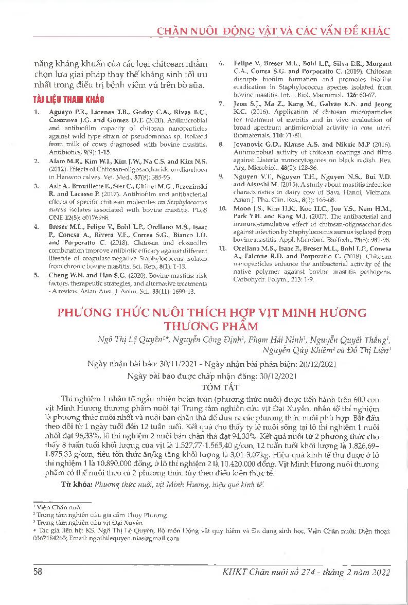 Phương thức nuôi thích hợp vịt Minh Hương thương phẩm = The suitable raising methods for commercial Minh Huong duck