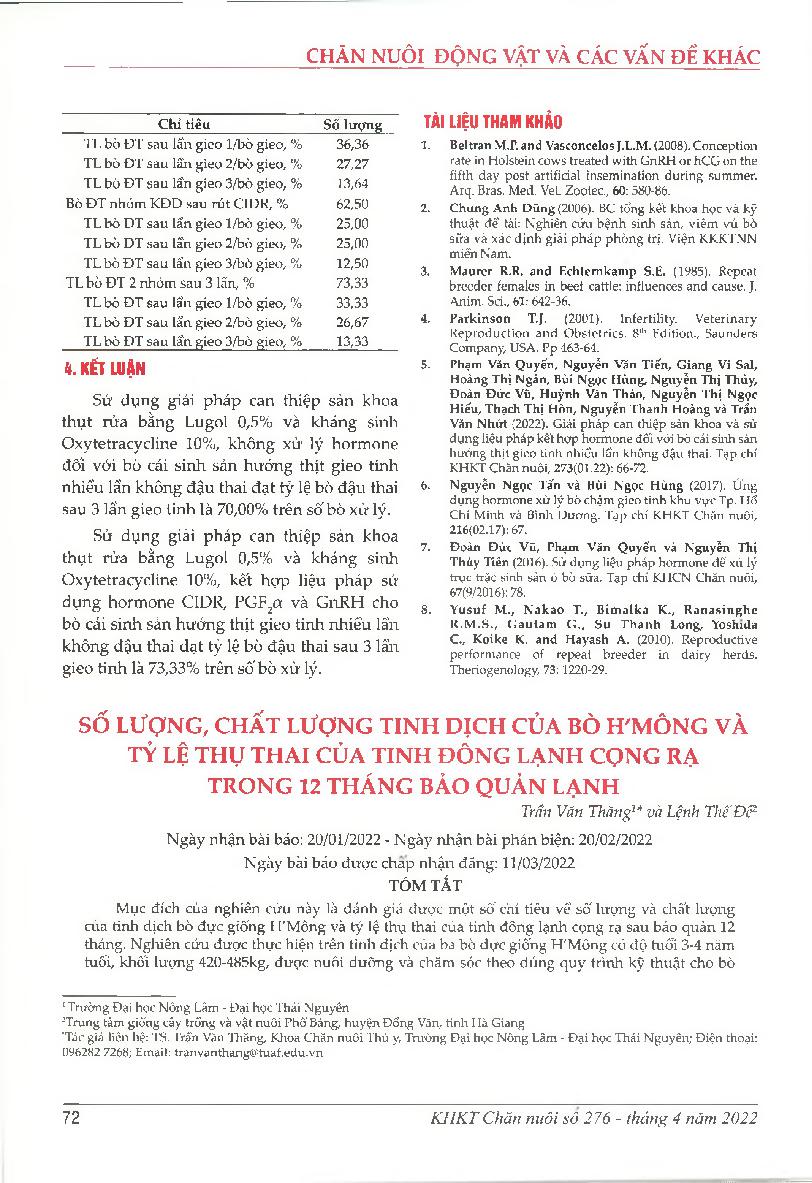 Số lượng, chất lượng tinh dịch của bò H’mông và tỷ lệ thụ thai của tinh đông lạnh cọng rạ trong 12 tháng bảo quản lạnh = Semen quantity and quality of H’mong bulls and fertility rate of frozen semen straws after 12 months cryopreservation
