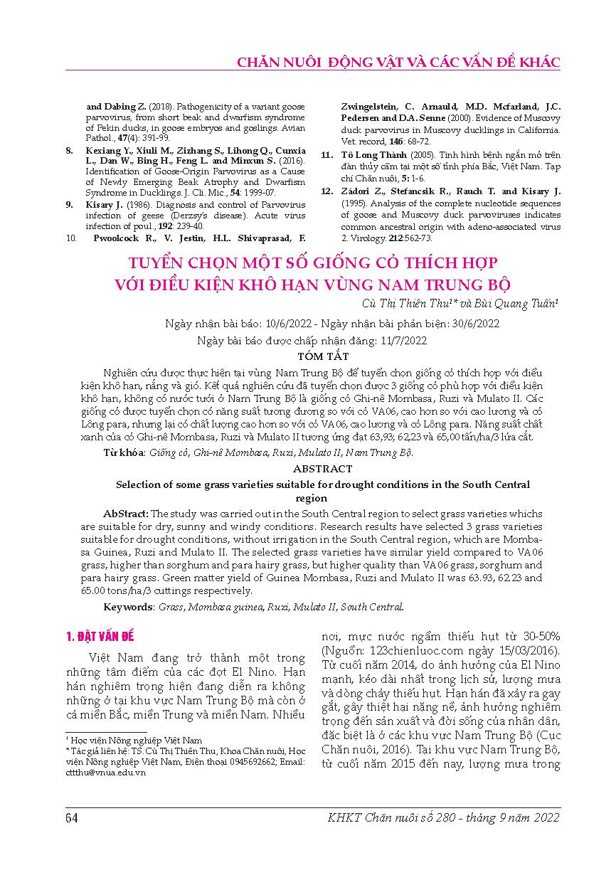 Tuyển chọn một số giống cỏ thích hợp với điều kiện khô hạn vùng Nam Trung Bộ = Selection of some grass varieties suitable for drought conditions in the South Central region