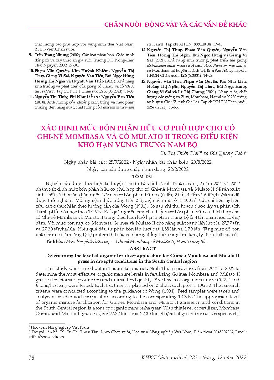 Xác định mức bón phân hữu cơ phù hợp cho cỏ Ghi-nê Mombasa và cỏ Mulato II trong điều kiện khô hạn vùng Trung Nam Bộ = Determining the level of organic fertilizer application for Guinea Mombasa and Mulato II grass in drought conditions in the South Centra