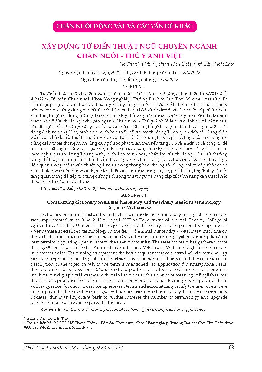 Xây dựng từ điển thuật ngữ chuyên ngành Chăn nuôi - Thú y Anh Việt = Constructing dictionary on animal husbandry and veterinary medicine terminology English - Vietnamese