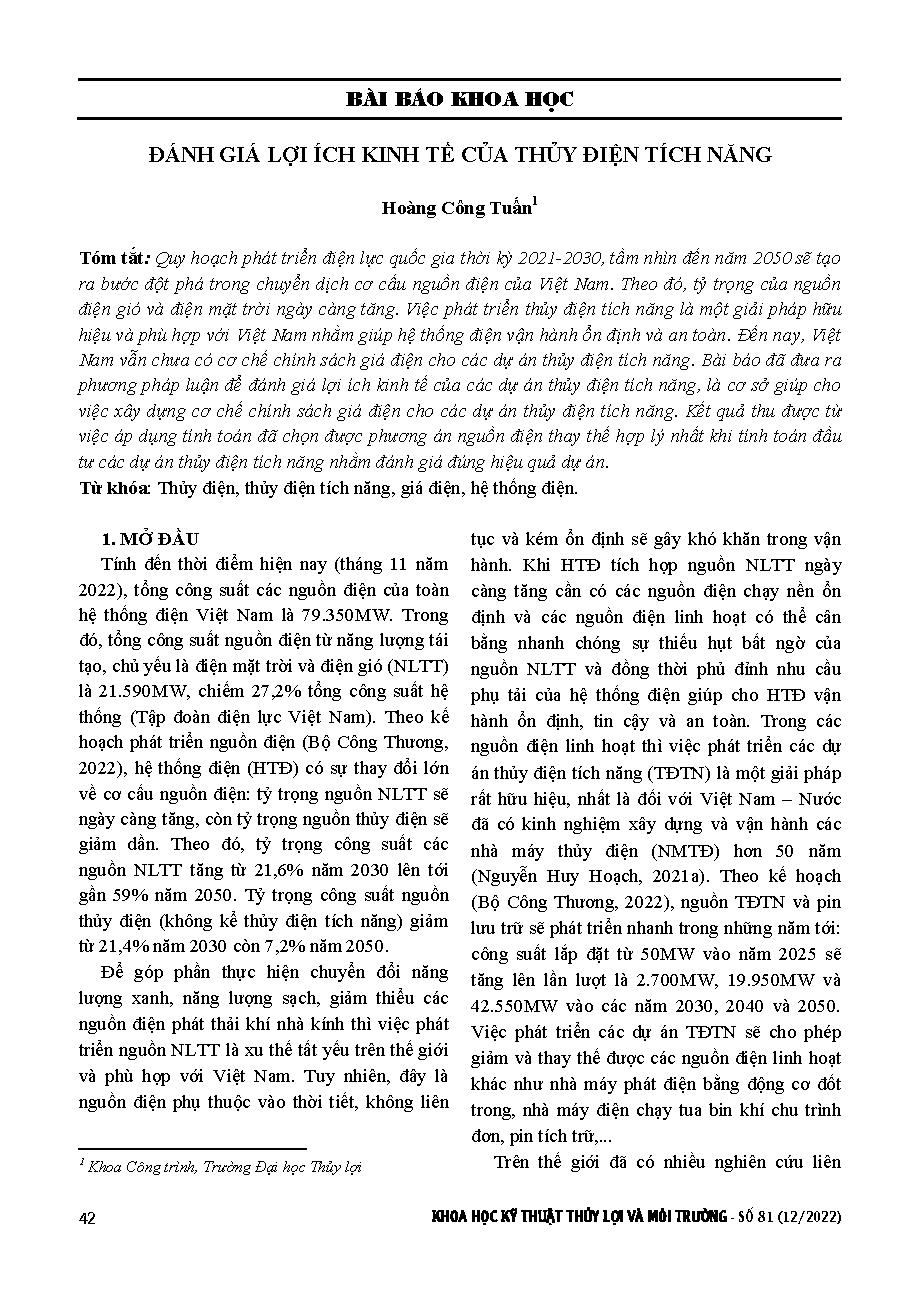 Đánh giá lợi ích kinh tế của thủy điện tích năng = Ssessing the economic benefits of pumped hydropower energy storage