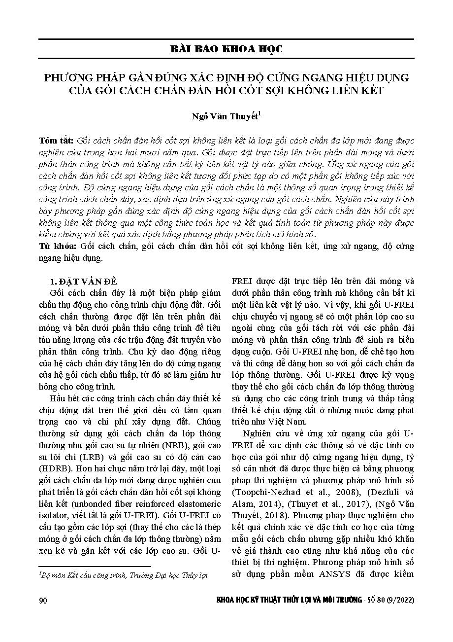 Phương pháp gần đúng xác định độ cứng ngang hiệu dụng của gối cách chấn đàn hồi cốt sợi không liên kết = Analytical approach for determining the effective horizontal Stiffness of unbonded fiber reinforced elastomeric isolator