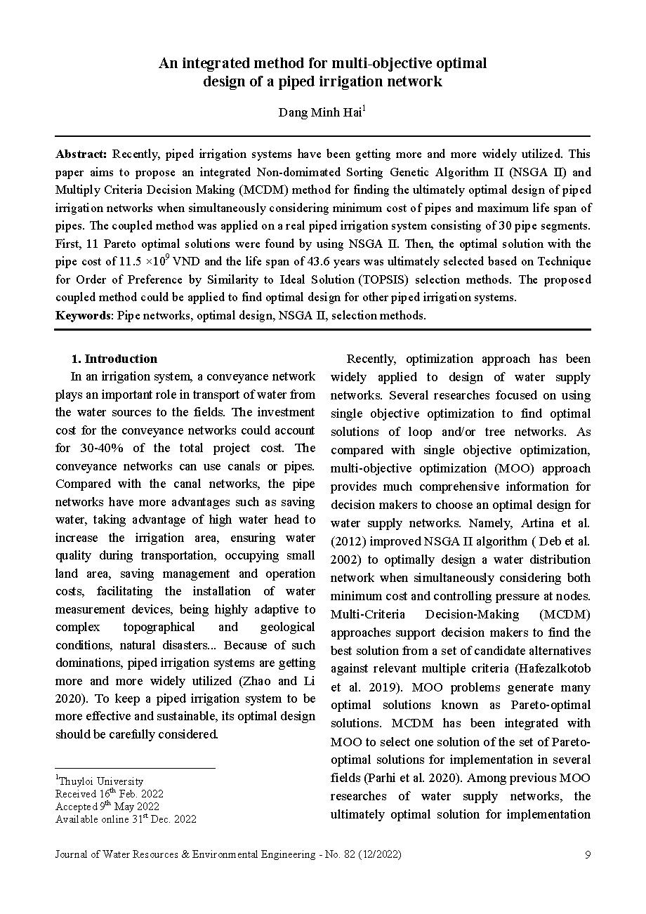 Phương pháp tích hợp để thiết kế tối ưu đa mục tiêu mạng lưới tưới tiêu = An integrated method for multi-objective optimal design of a piped irrigation network