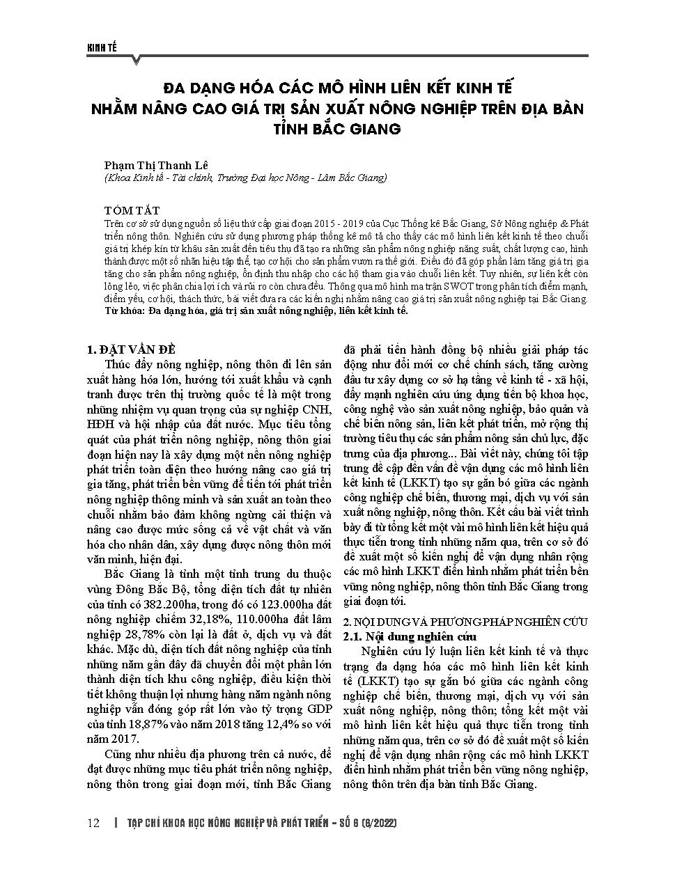 Đa dạng hóa các mô hình liên kết kinh tế nhằm nâng cao giá trị sản xuất nông nghiệp trên địa bàn tỉnh Bắc Giang = Diversifying economic linkage models to improve the value of agricultural production in Bac Giang province
