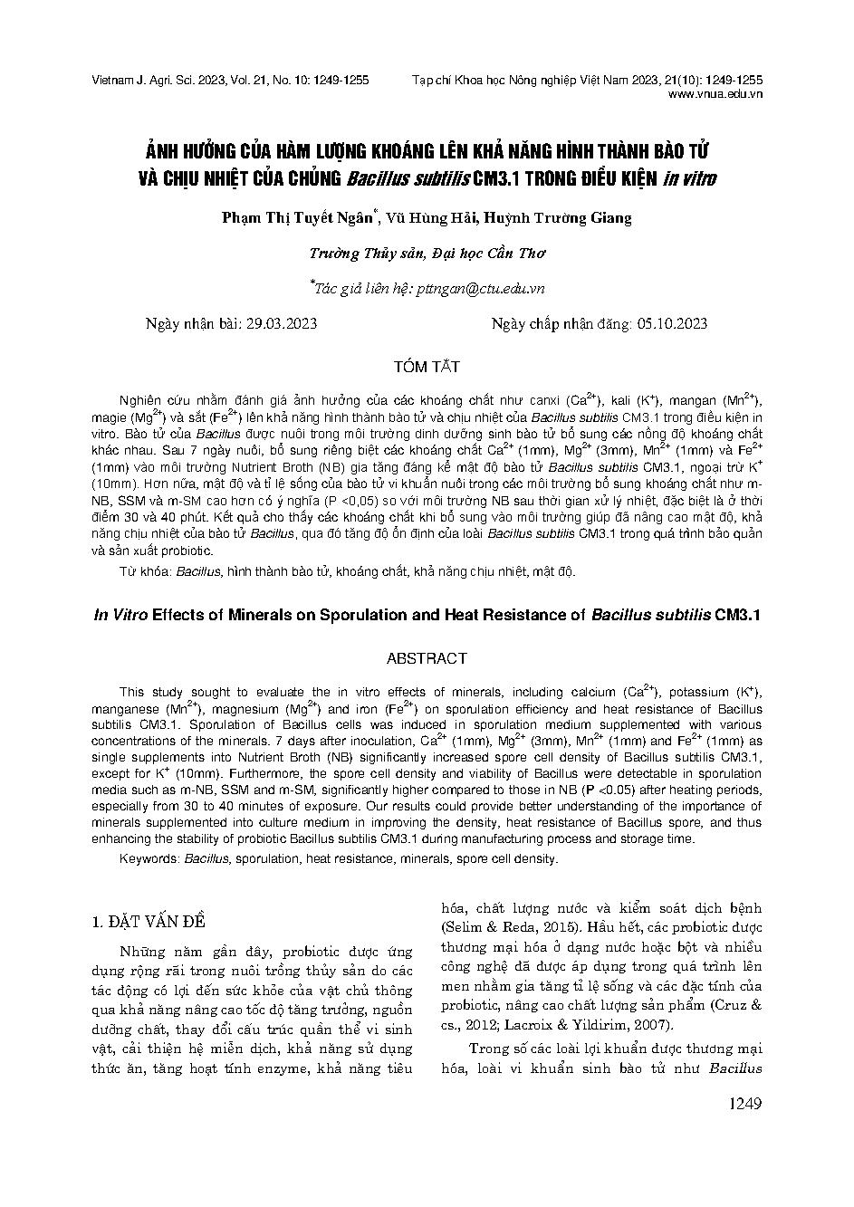 Ảnh hưởng của hàm lượng khoáng lên khả năng hình thành bào tử và chịu nhiệt của chủng Bacillus subtilis CM3.1 trong điều kiện in vitro = In vitro effects of minerals on sporulation and heat resistance of Bacillus subtilis CM3.1