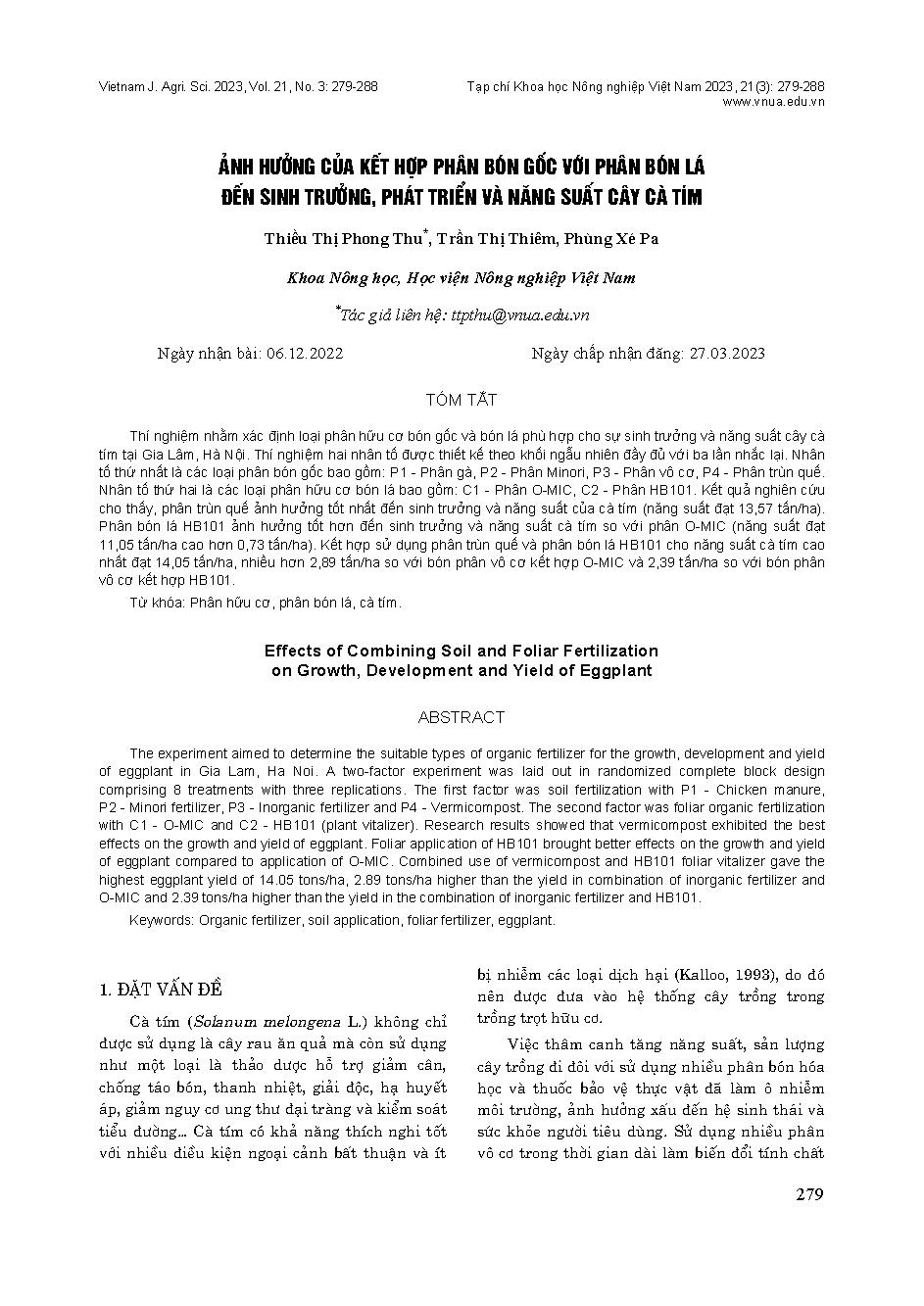 Ảnh hưởng của kết hợp phân bón gốc với phân bón lá đến sinh trưởng, phát triển và năng suất cây cà tím