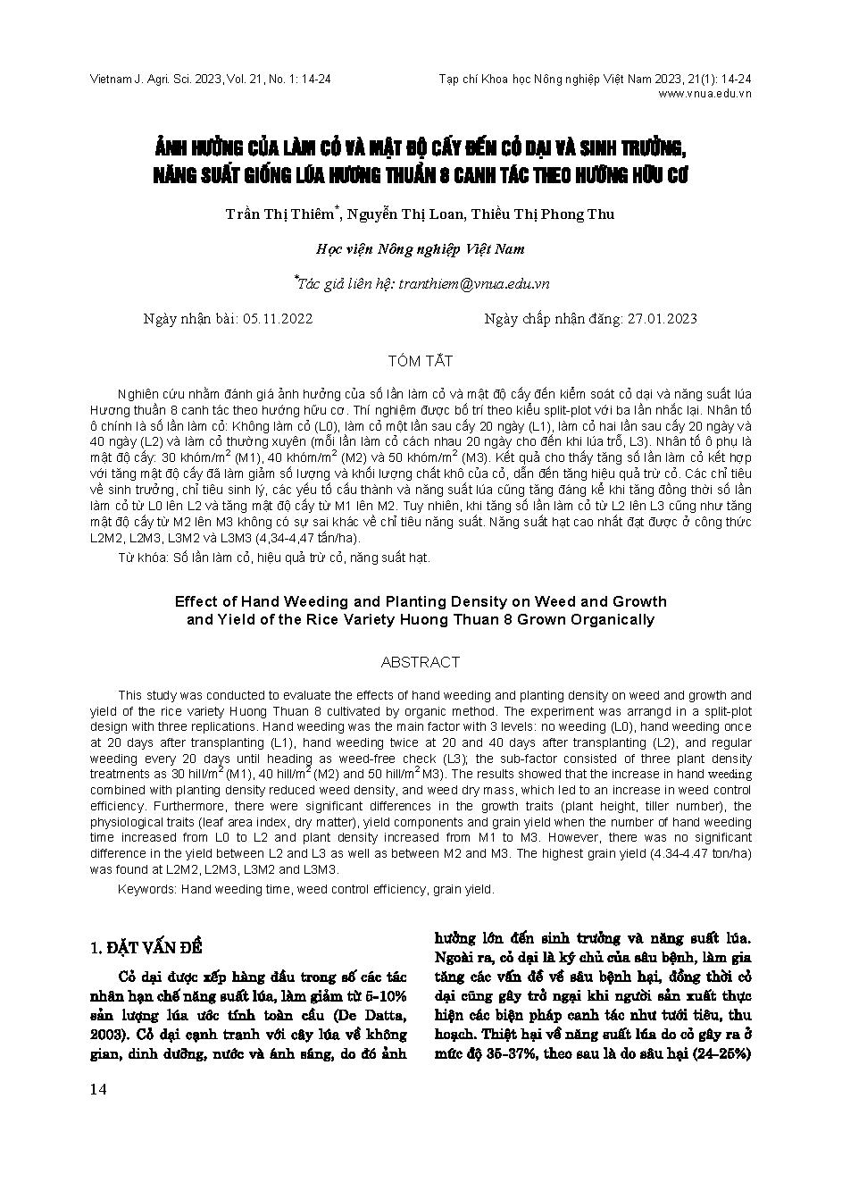 Ảnh hưởng của làm cỏ và mật độ cấy đến cỏ dại và sinh trưởng, năng suất giống lúa hương thuần 8 canh tác theo hướng hữu cơ
