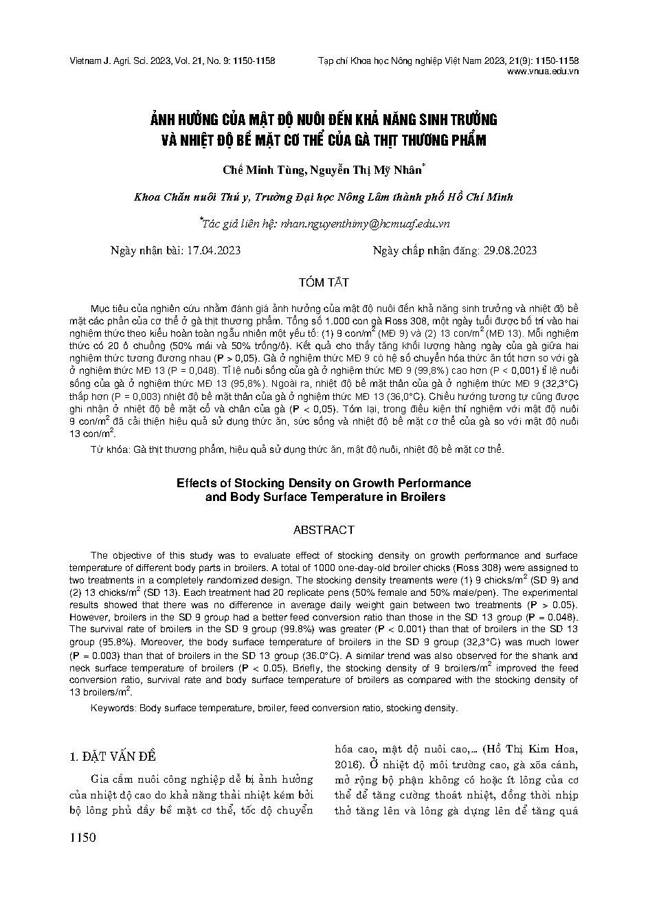 Ảnh hưởng của mật độ nuôi đến khả năng sinh trưởng và nhiệt độ bề mặt cơ thể của gà thịt thương phẩm = Effects of Stocking Density on Growth Performance and Body Surface Temperature in Broilers