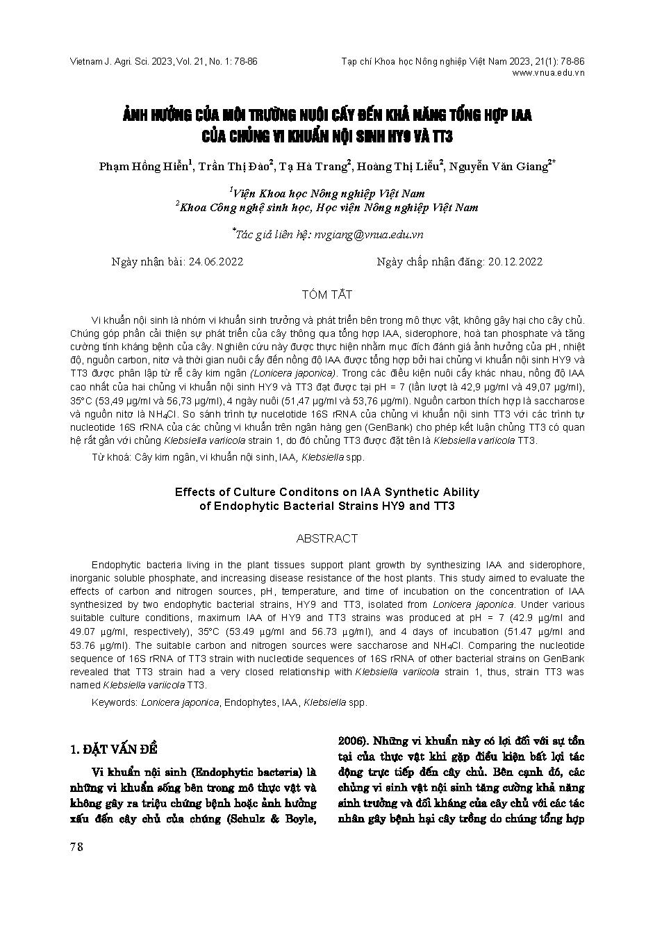 Ảnh hưởng của môi trường nuôi cấy đến khả năng tổng hợp IAA của chủng vi khuẩn nội sinh HY9 và TT3