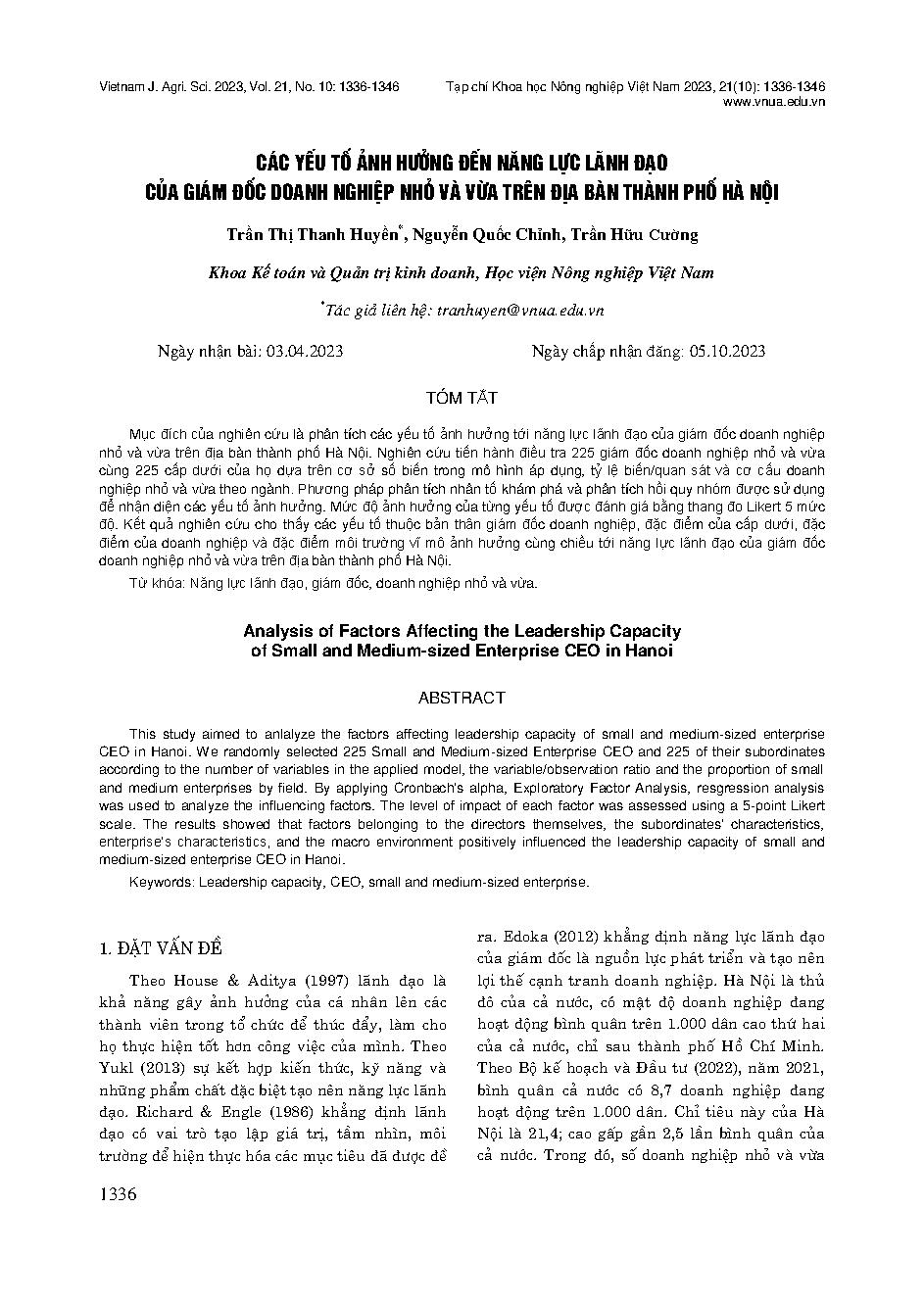 Các yếu tố ảnh hưởng đến năng lực lãnh đạo của giám đốc doanh nghiệp nhỏ và vừa trên địa bàn thành phố Hà Nội = Analysis of factors affecting the leadership capacity of small and medium-sized enterprise CEO in Hanoi