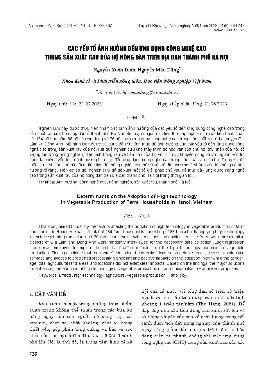 Các yếu tố ảnh hưởng đến ứng dụng công nghệ cao trong sản xuất rau của hộ nông dân trên địa bàn thành phố Hà Nội