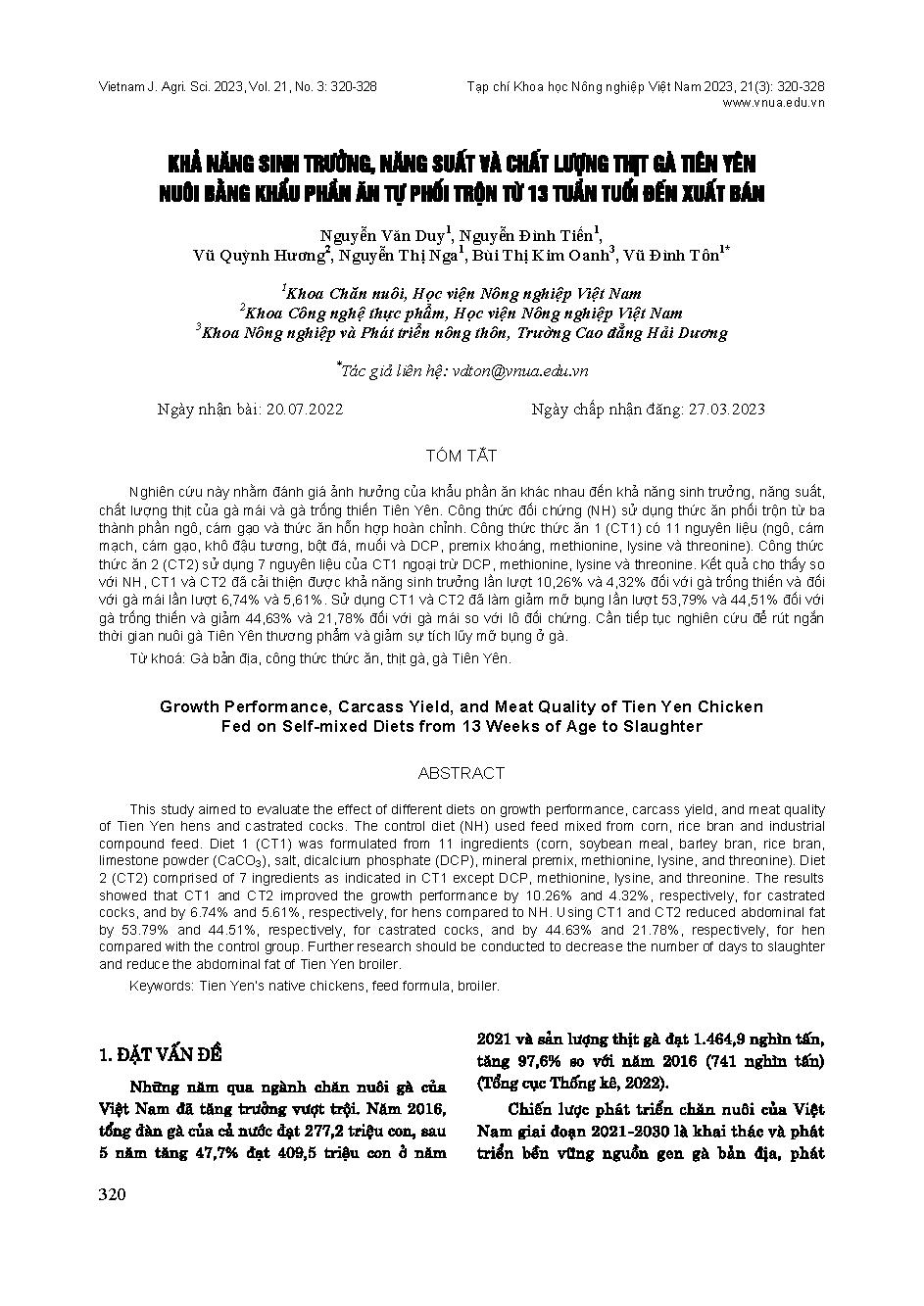 Khả năng sinh trưởng, năng suất và chất lượng thịt gà Tiên Yên nuôi bằng khẩu phần ăn tự phối trộn từ 13 tuần tuổi đến xuất bán