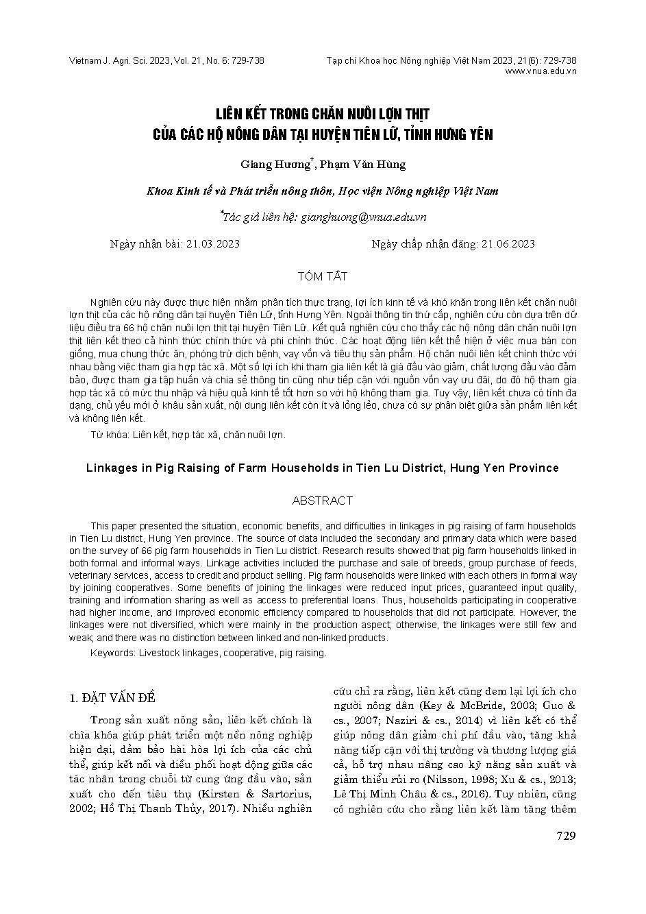 Liên kết trong chăn nuôi lợn thịt của các hộ nông dân tại huyện Tiên Lữ, tỉnh Hưng Yên