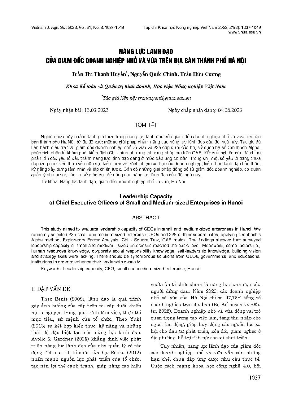 Năng lực lãnh đạo của giám đốc doanh nghiệp nhỏ và vừa trên địa bàn thành phố Hà Nội = Leadership Capacity of Chief Executive Officers of Small and Medium-sized Enterprises in Hanoi