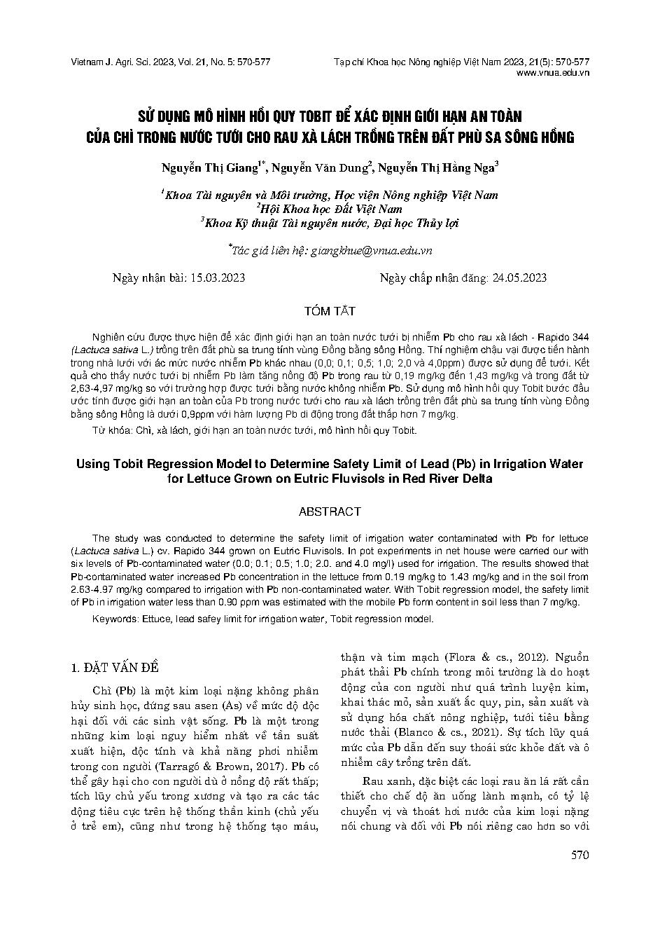 Sử dụng mô hình hồi quy Tobit để xác định giới hạn an toàn của chì trong nước tưới cho rau xà lách trồng trên đất phù sa sông Hồng