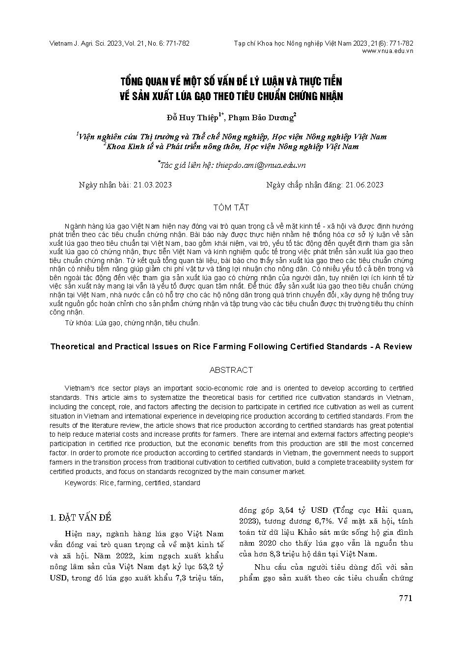 Tổng quan về một số vấn đề lý luận và thực tiễn về sản xuất lúa gạo theo tiêu chuẩn chứng nhận
