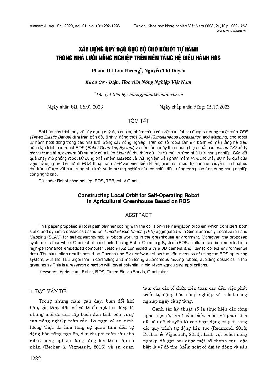 Xây dựng quỹ đạo cục bộ cho robot tự hành trong nhà lưới nông nghiệp trên nền tảng hệ điều hành ROS = Constructing local orbit for self-operating robot in agricultural greenhouse based on ROS