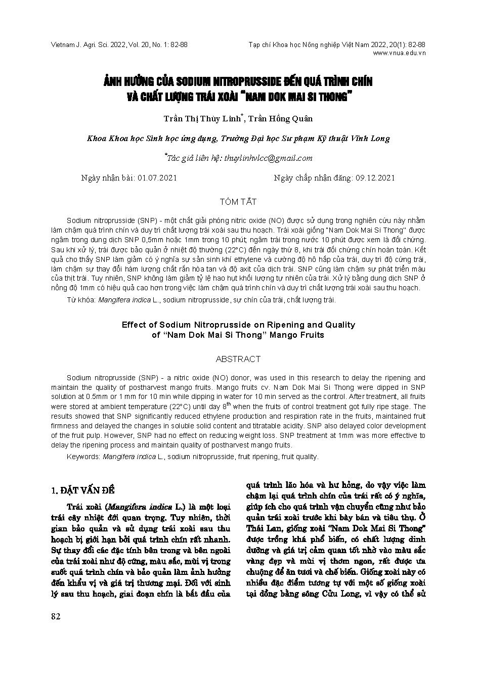 Ảnh hưởng của Sodium nitrorusside đến quá trình chính và chất lượng trái xoài "Nam Dok Mai Si Thong" = Effect of sodium nitroprusside on ripening and quality of “Nam Dok Mai Si Thong” mango fruits