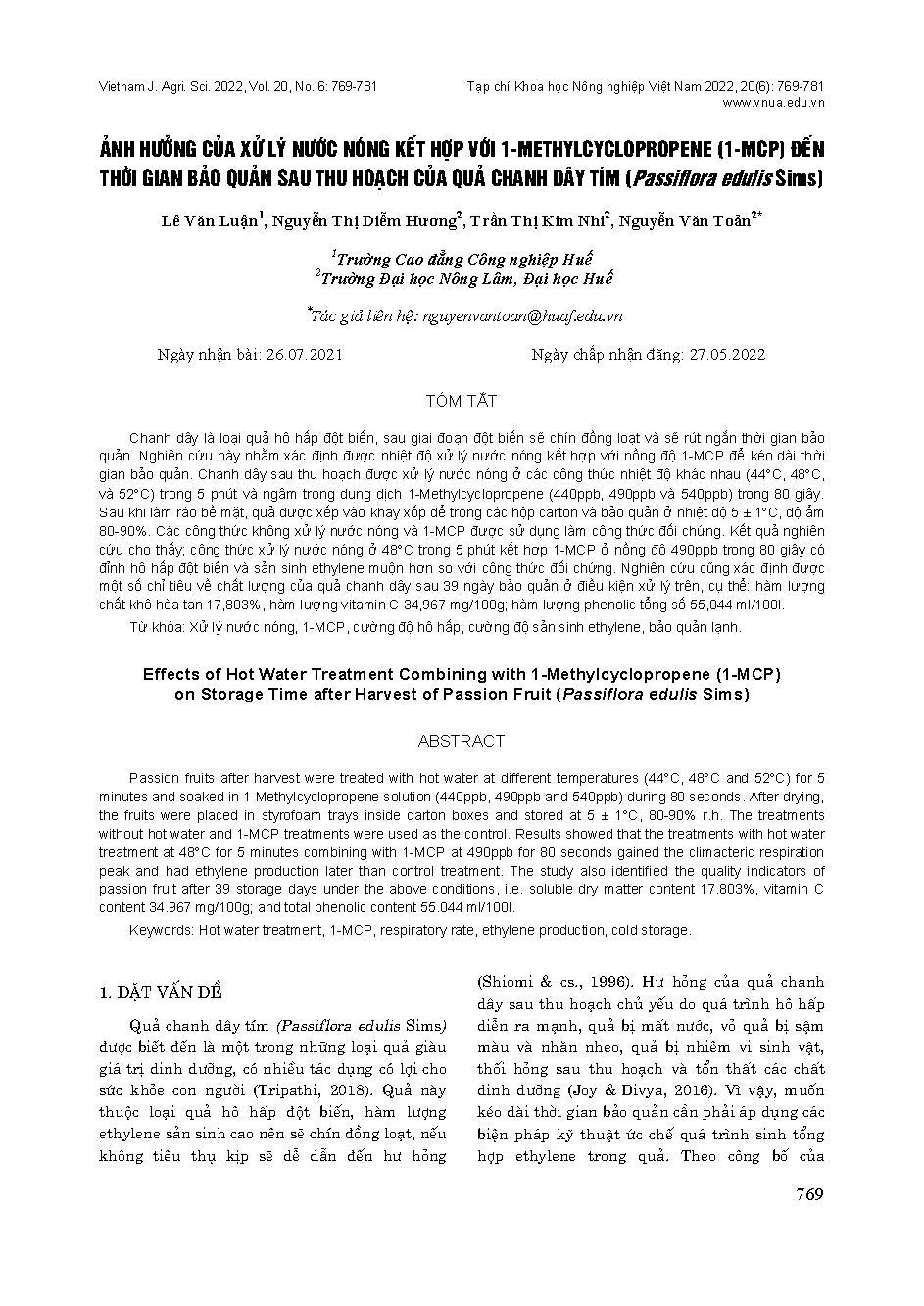 Ảnh hưởng của xử lý nước nóng kết hợp với 1-methylcyclopropene (1-MCP) đến thời gian bảo quản sau thu hoạch của quả chanh dây tím (Passiflora edulis Sims) = Effects of Hot Water Treatment Combining with 1-Methylcyclopropene (1-MCP) on Storage Time after H