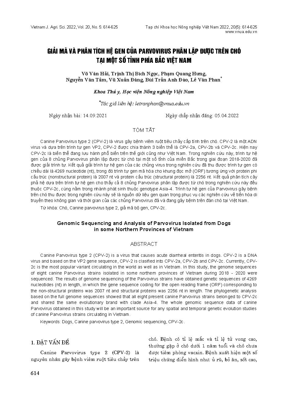 Giải mã và phân tích hệ gen của Parvovirus phân lập được trên chó tại một số tỉnh phía Bắc Việt Nam = Genomic Sequencing and Analysis of Parvovirus Isolated from Dogs in some Northern Provinces of Vietnam