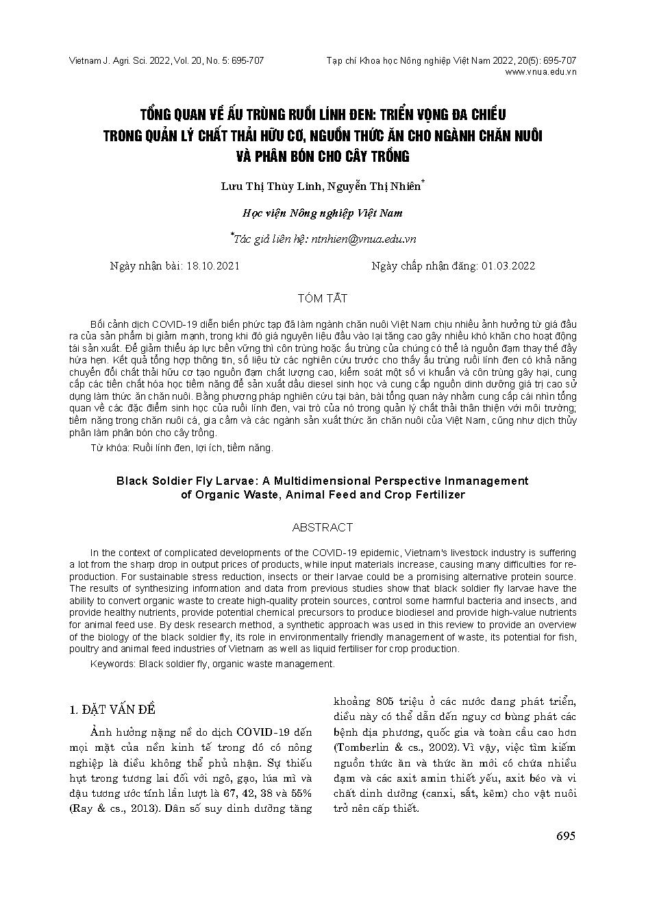 Tổng quan về ấu trùng ruồi lính đen: Triển vọng đa chiều trong quản lý chất thải hữu cơ, nguồn thức ăn cho ngành chăn nuôi và phân bón cho cây trồng = Black Soldier Fly Larvae: A Multidimensional Perspective Inmanagement of Organic Waste, Animal Feed and 