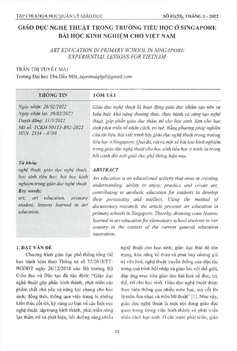 Giáo dục nghệ thuật trong trường tiểu học ở Singapore bài học kinh nghiệm cho Việt Nam = Art education in primary school in singapore experiential lessons for Vietnam